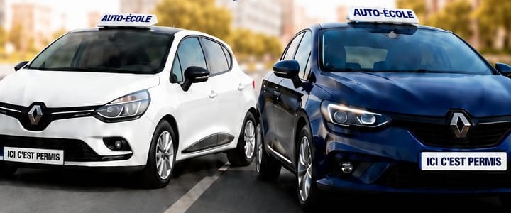 Les véhicules école CFEP : une Renault Clio blanche et une Renault Mégane bleue